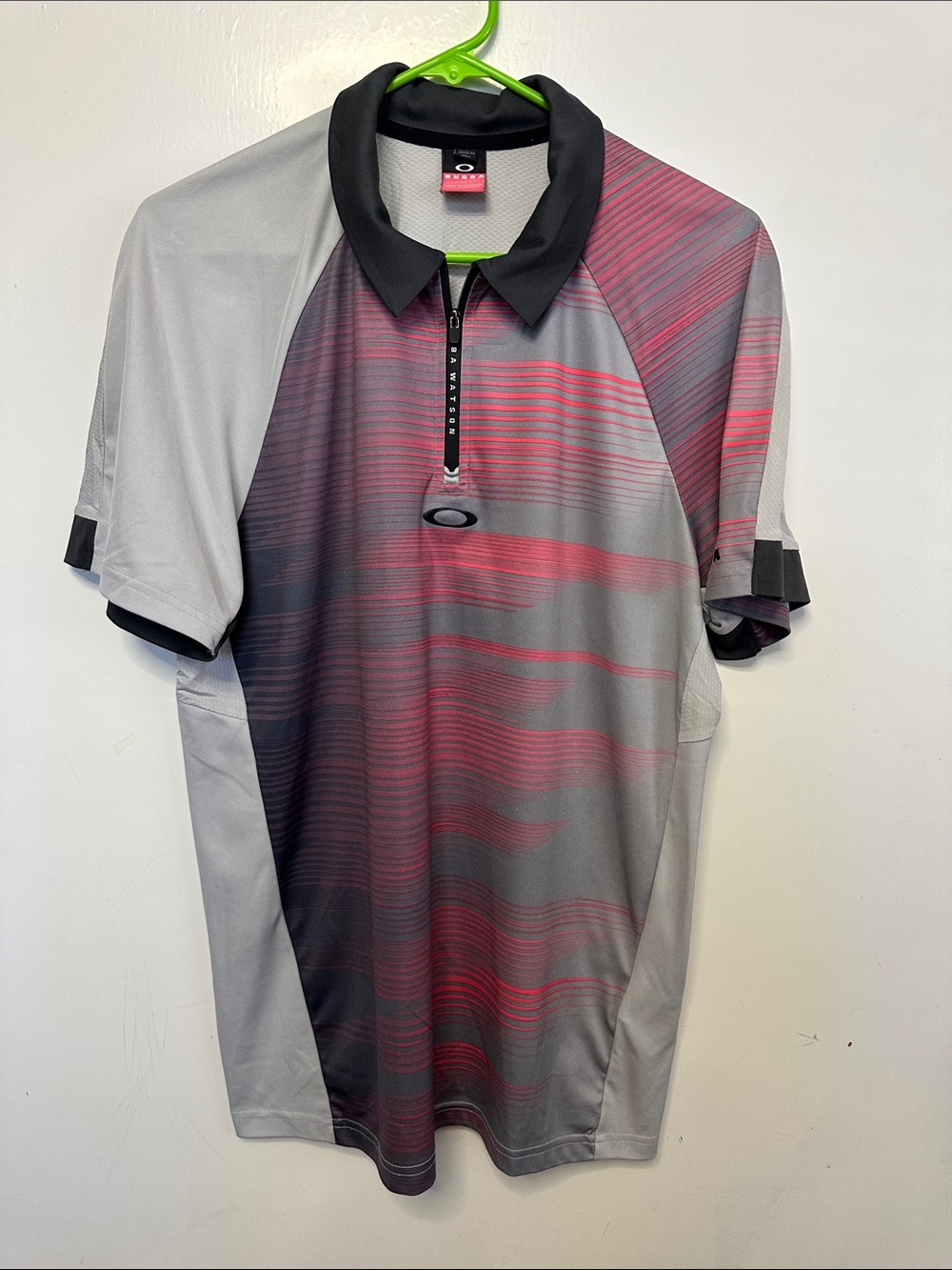 Oakley Gray Polo with Red Wave Stripes and Black Collar